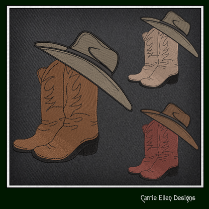 Cowboy Hat and Boots Machine Embroidery Design | Western Embroidery File | Country Cowboy Stitch Pattern | Rustic Ranch Decor, 6 Sizes (2729)