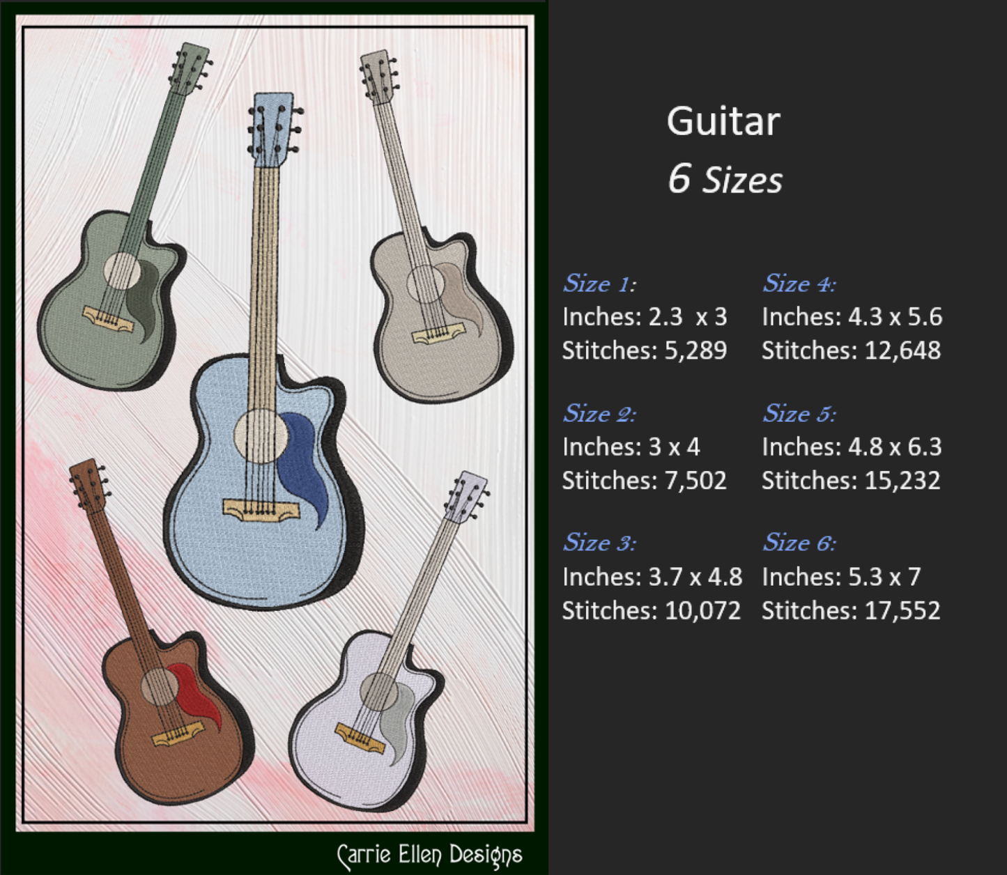Guitar Machine Embroidery Design | Musical Instrument Embroidery Pattern, 6 Sizes (2730)