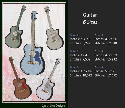 Guitar Machine Embroidery Design | Musical Instrument Embroidery Pattern, 6 Sizes (2730)