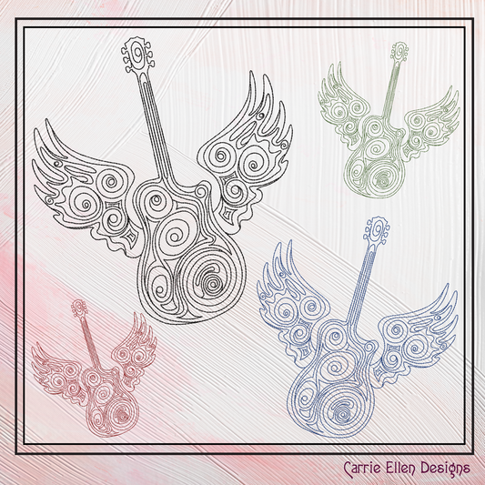 Winged Ornamental Guitar Machine Embroidery Design | Fantasy Guitar Embroidery File | Decorative Music Art Stitch Pattern | Rock & Country Embroidery, 6 Sizes (2732)