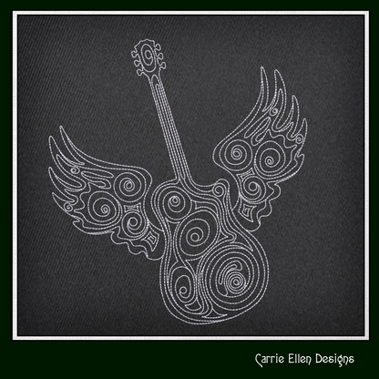 Winged Ornamental Guitar Machine Embroidery Design | Fantasy Guitar Embroidery File | Decorative Music Art Stitch Pattern | Rock & Country Embroidery, 6 Sizes (2732)