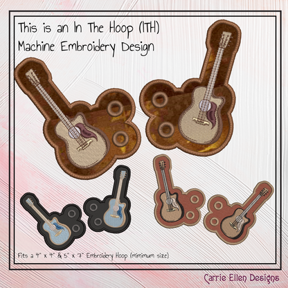 Guitar ITH Machine Embroidery Shoe Wings – Acoustic Guitar In The Hoop Shoe Charm Design – 4x4 and 5x7 Hoops (2735)