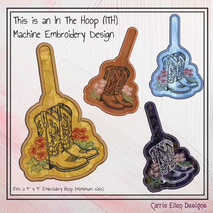 Cowboy Boot ITH Key Fob Machine Embroidery Design | Western Floral Boot In-The-Hoop Key Tag with Southern Charm (2737)