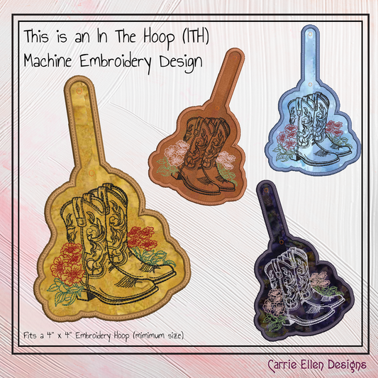 Cowboy Boot ITH Key Fob Machine Embroidery Design | Western Floral Boot In-The-Hoop Key Tag with Southern Charm (2737)