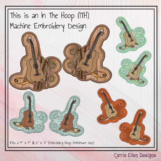 Guitar ITH Machine Embroidery Shoe Wings – Acoustic Guitar Stand In The Hoop Shoe Charm Design – 4x4 and 5x7 Hoop Sizes (2738)