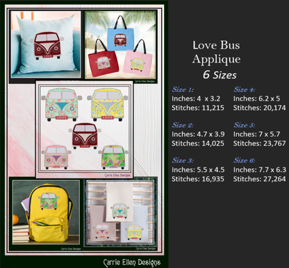 Love Bus Machine Embroidery Applique Design, VW Bus Hippie Retro Flower Power Groovy Themed Van, 6 Sizes (2741)