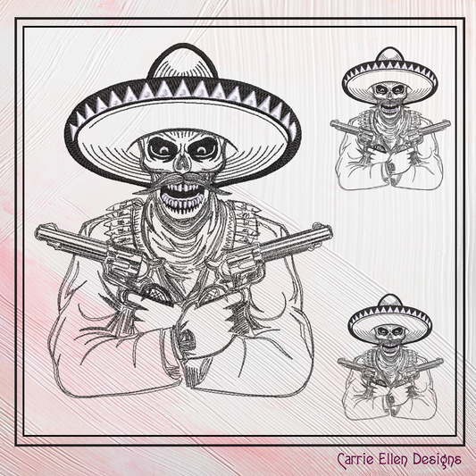 Gunslinger Outlaw Machine Embroidery Design, Desperado in Sombrero Line Art Sketch, Skull and Guns Design, 6 Sizes (2742)