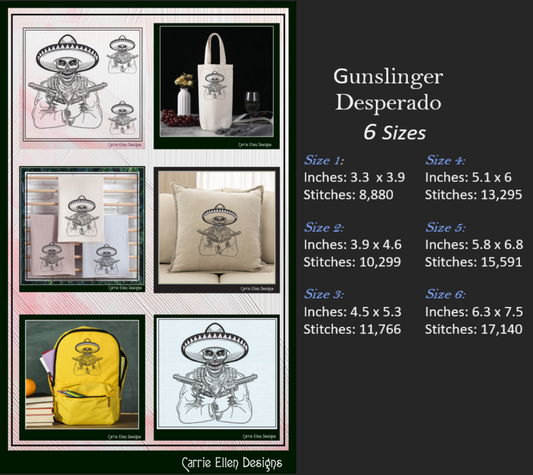 Gunslinger Outlaw Machine Embroidery Design, Desperado in Sombrero Line Art Sketch, Skull and Guns Design, 6 Sizes (2742)
