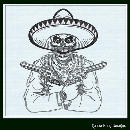 Gunslinger Outlaw Machine Embroidery Design, Desperado in Sombrero Line Art Sketch, Skull and Guns Design, 6 Sizes (2742)