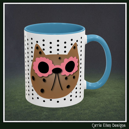 Spotted Cat Mug with Pink Sunglasses Accent Coffee Cup | 11oz 15oz (3812)