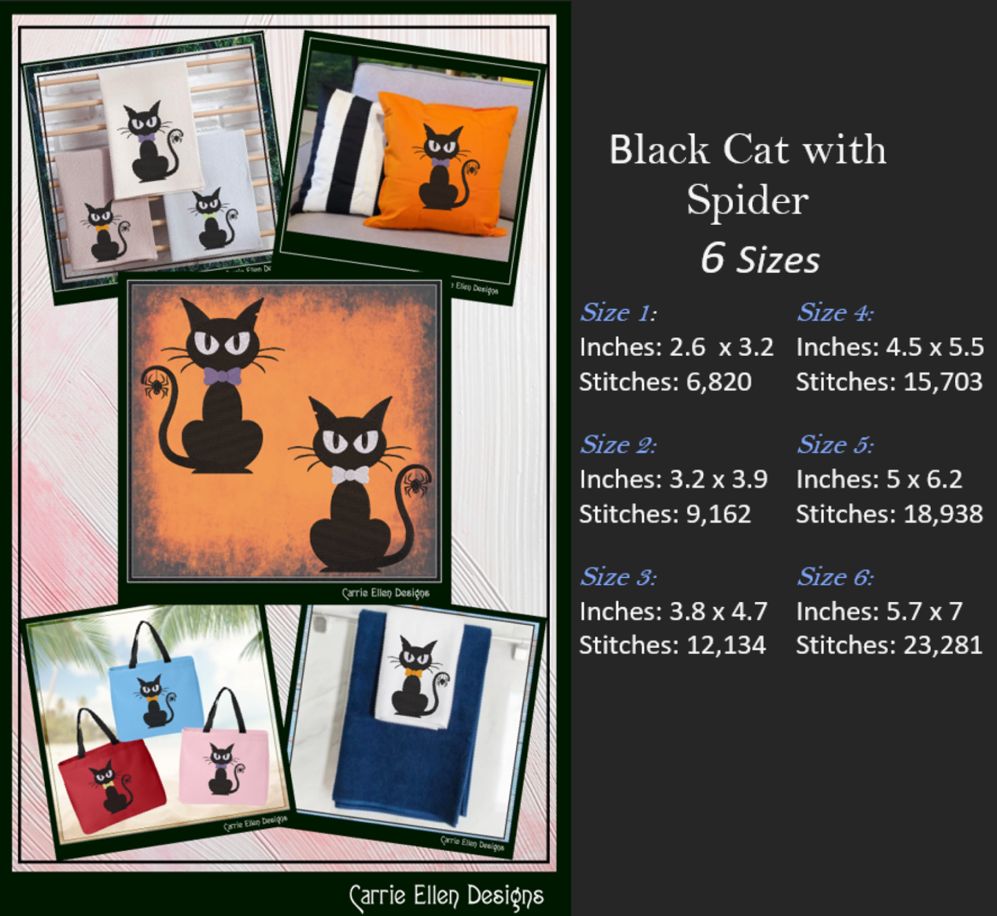 Black Cat Embroidery Design, Halloween Cat with Spider Machine Embroidery Design, Witches Familiar Design, 6 Sizes (2765)