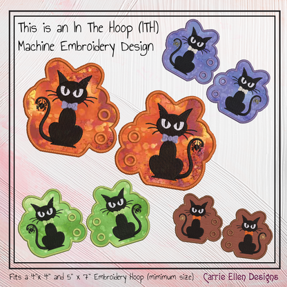 Black Cat ITH Machine Embroidery Shoe Wing Design – Black Cat with Spider Shoe Charms, Halloween Shoe Fashion – 4x4 and 5x7 Hoops (2768)