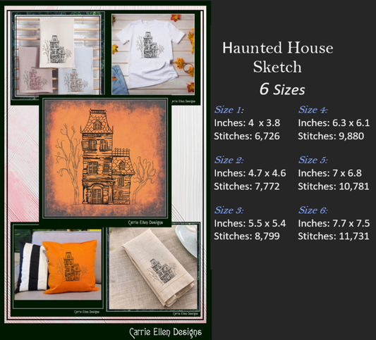 Haunted House Embroidery Sketch Design, Creepy House Machine Embroidery Design, Halloween Line Art Embroidery, 6 Sizes (2771)