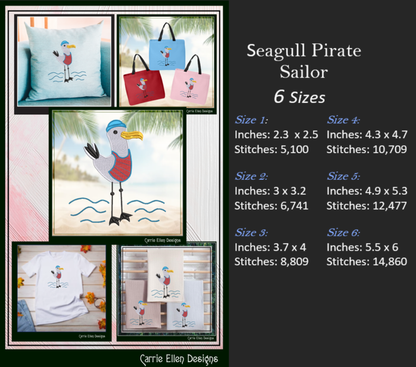 Seagull Machine Embroidery Design, Pirate Ship Crew Embroidery Pattern, Seagull Pirate Sailor Beach Design, 6 Sizes (2782)