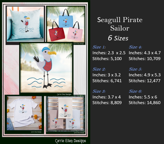 Seagull Machine Embroidery Design, Pirate Ship Crew Embroidery Pattern, Seagull Pirate Sailor Beach Design, 6 Sizes (2782)