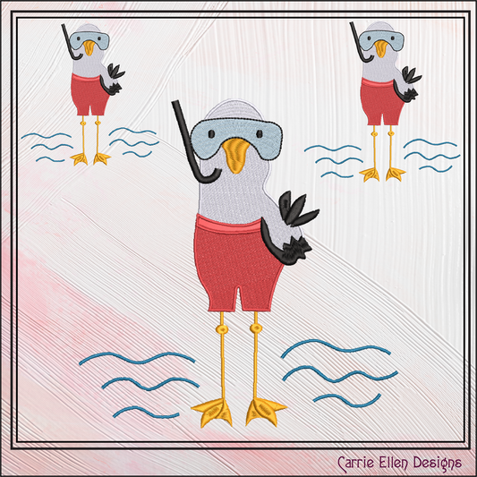 Seagull Machine Embroidery Design, Pirate Diver Embroidery Pattern, Seagull Pirate with Mask and Snorkel, 6 Sizes (2785)