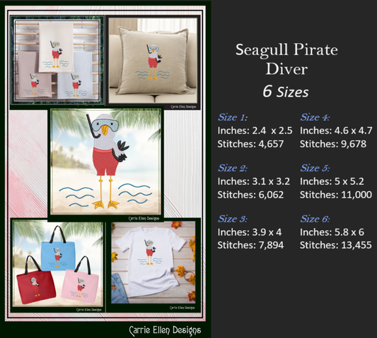 Seagull Machine Embroidery Design, Pirate Diver Embroidery Pattern, Seagull Pirate with Mask and Snorkel, 6 Sizes (2785)