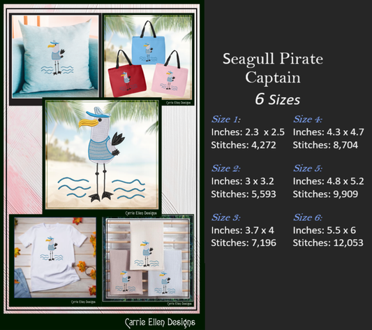 Seagull Machine Embroidery Design, Pirate Ship Captain Embroidery Pattern, Seagull Pirate Beach Design, 6 Sizes (2788)
