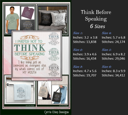 I Prefer Not to Think Before Speaking Machine Embroidery Design | Funny Sarcastic Quote Stitch File, 6 Sizes (2791)