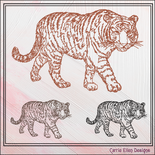 Tiger Machine Embroidery Design Sketch, Animal Embroidery, Stalking Artistic Jungle Cat, 6 Sizes (2795)