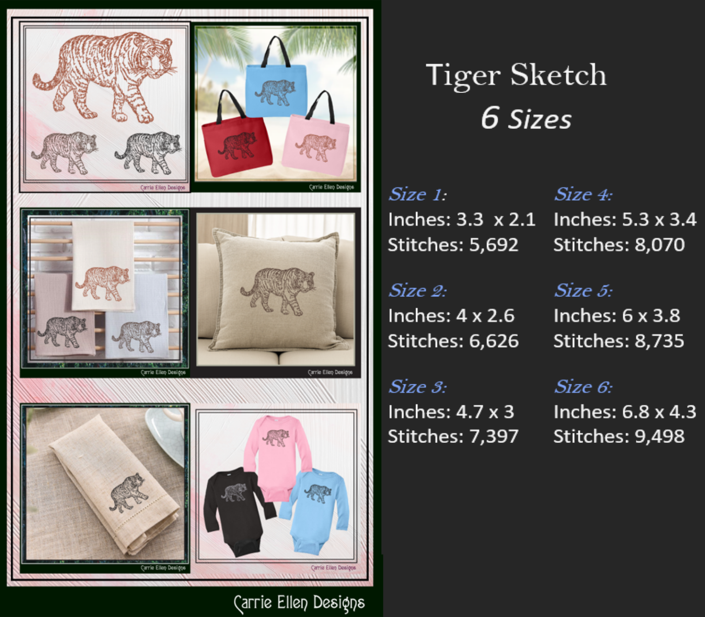 Tiger Machine Embroidery Design Sketch, Animal Embroidery, Stalking Artistic Jungle Cat, 6 Sizes (2795)