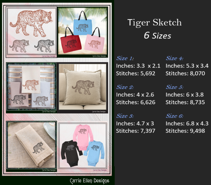 Tiger Machine Embroidery Design Sketch, Animal Embroidery, Stalking Artistic Jungle Cat, 6 Sizes (2795)