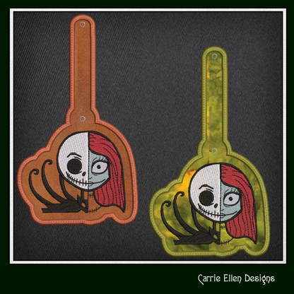 Jack Skellington ITH Key Fob Machine Embroidery Design | Sally and Jack Halloween Themed In-The-Hoop Key Tag Pattern (2801)