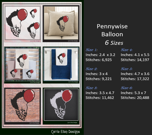 Pennywise the Clown Balloon Machine Embroidery Design – Horror Movie Inspired Pattern, 6 Sizes (2805)