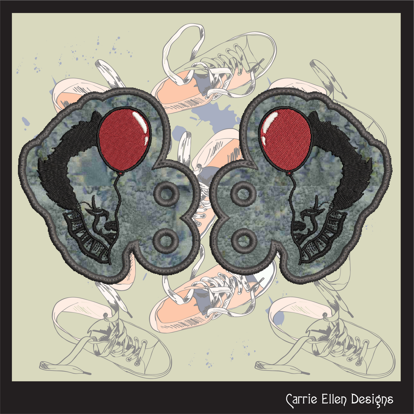 Pennywise The Clown Balloon Shoe Wings ITH Machine Embroidery Design | Horror Inspired Sneaker Accessory | Lace-Up Shoe Charm Embroidery File (2806)