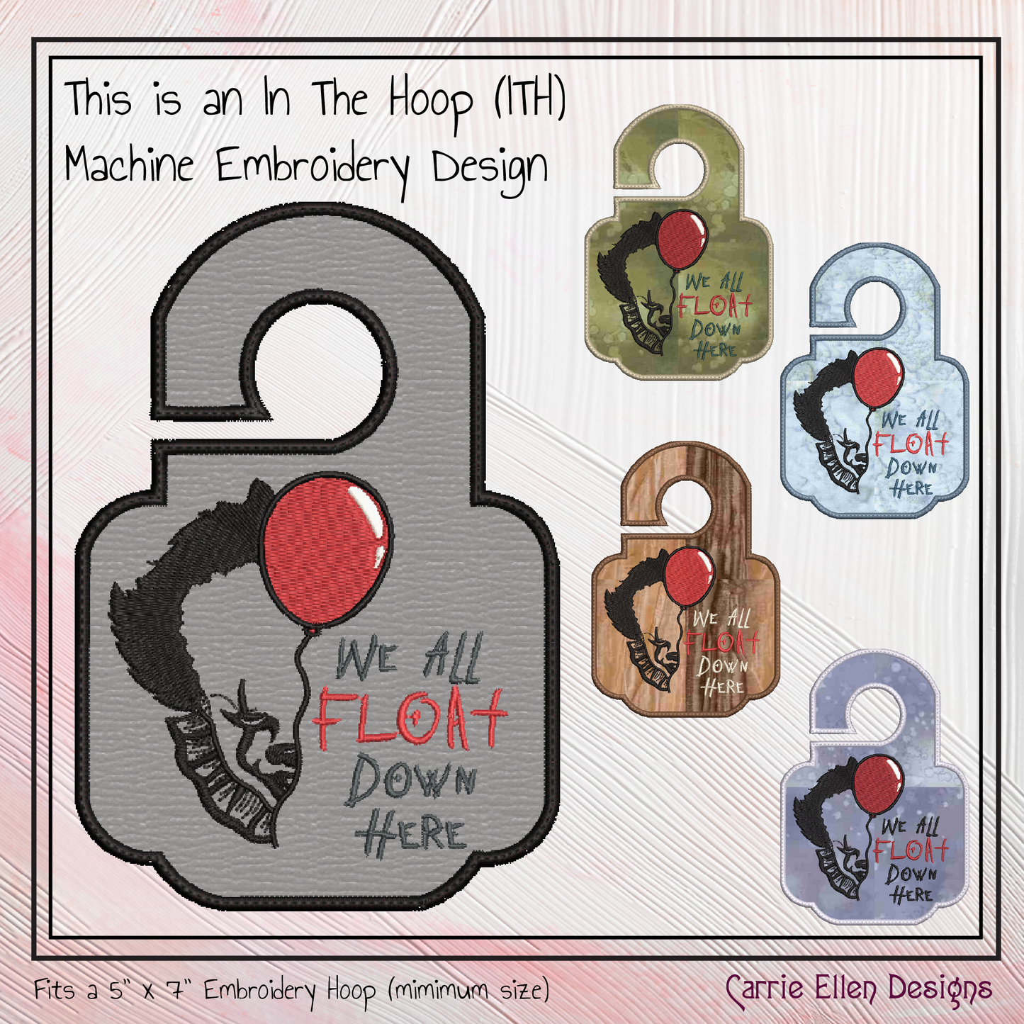 We All Float Down Here ITH Door Hanger Machine Embroidery Design | Pennywise the Clown Door Hanger In The Hoop Pattern (2808)
