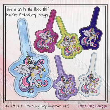 Princess Celestia ITH Key Fob Machine Embroidery Design | My Little Pony Inspired In-The-Hoop Bag Tag Project (2830)