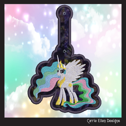 Princess Celestia ITH Key Fob Machine Embroidery Design | My Little Pony Inspired In-The-Hoop Bag Tag Project (2832)