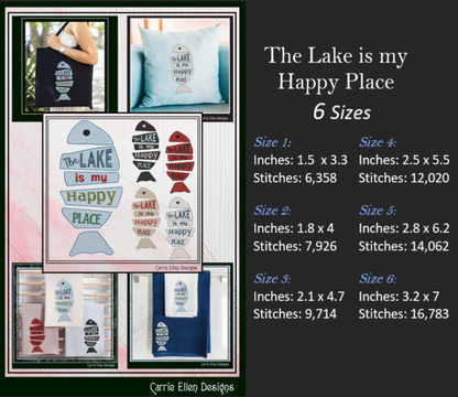 Lake Life Machine Embroidery Design Saying, The Lake is my Happy Place, Family Camping Fishing House Decor (2845)