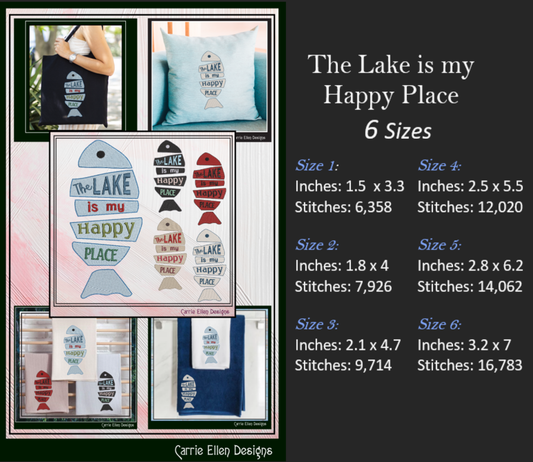 Lake Life Machine Embroidery Design Saying, The Lake is my Happy Place, Family Camping Fishing House Decor (2845)