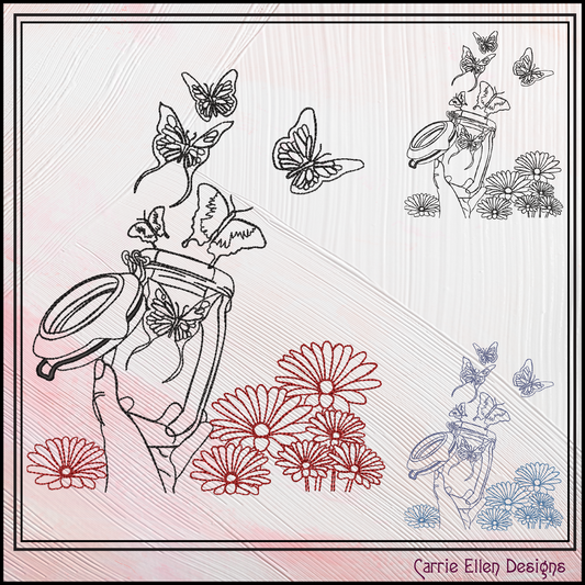 Mason Jar with Butterflies & Flowers – Whimsical Line Art Machine Embroidery Design | Garden Nature Theme, 6 Sizes (2849)