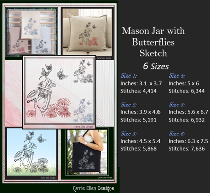 Mason Jar with Butterflies & Flowers – Whimsical Line Art Machine Embroidery Design | Garden Nature Theme, 6 Sizes (2849)