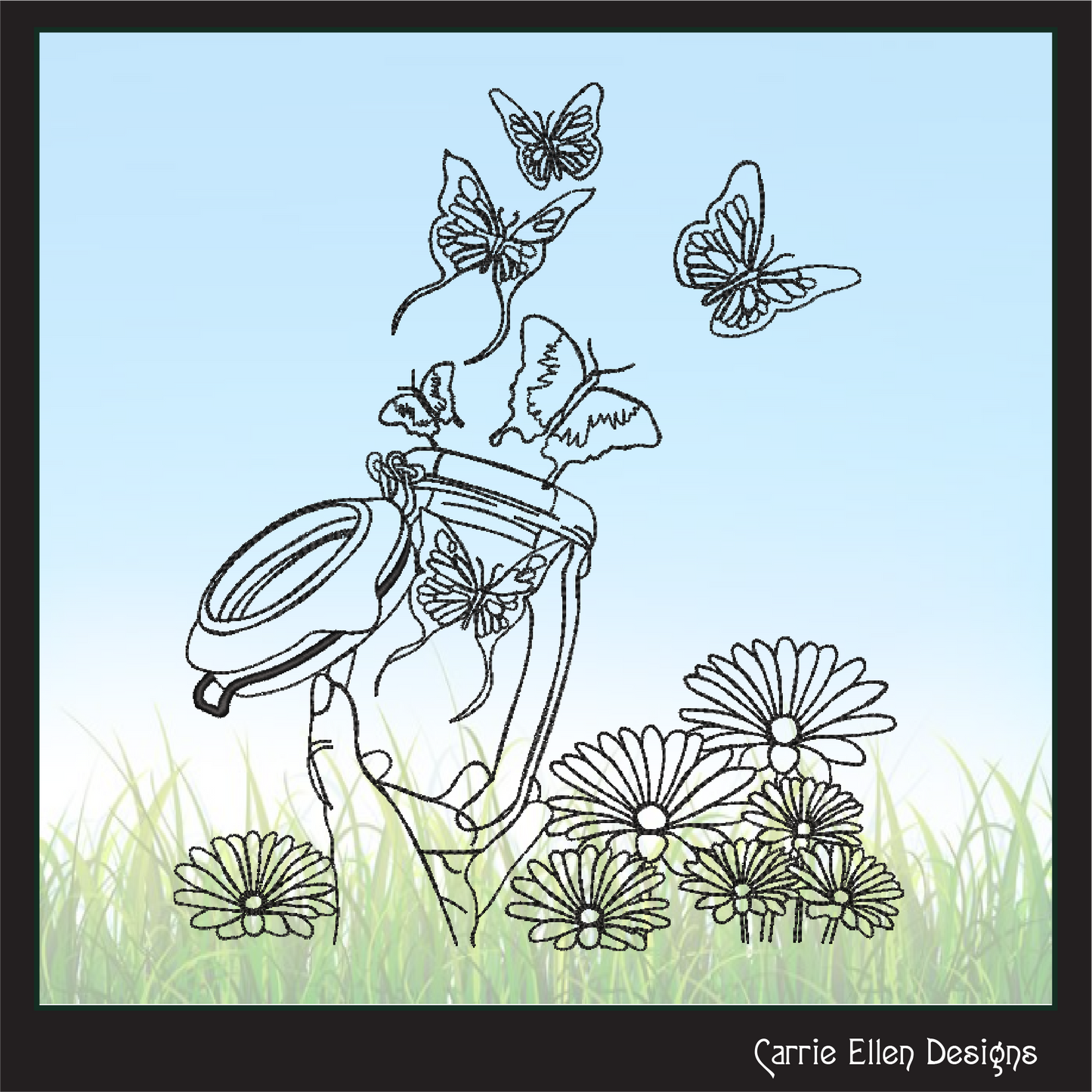 Mason Jar with Butterflies & Flowers – Whimsical Line Art Machine Embroidery Design | Garden Nature Theme, 6 Sizes (2849)