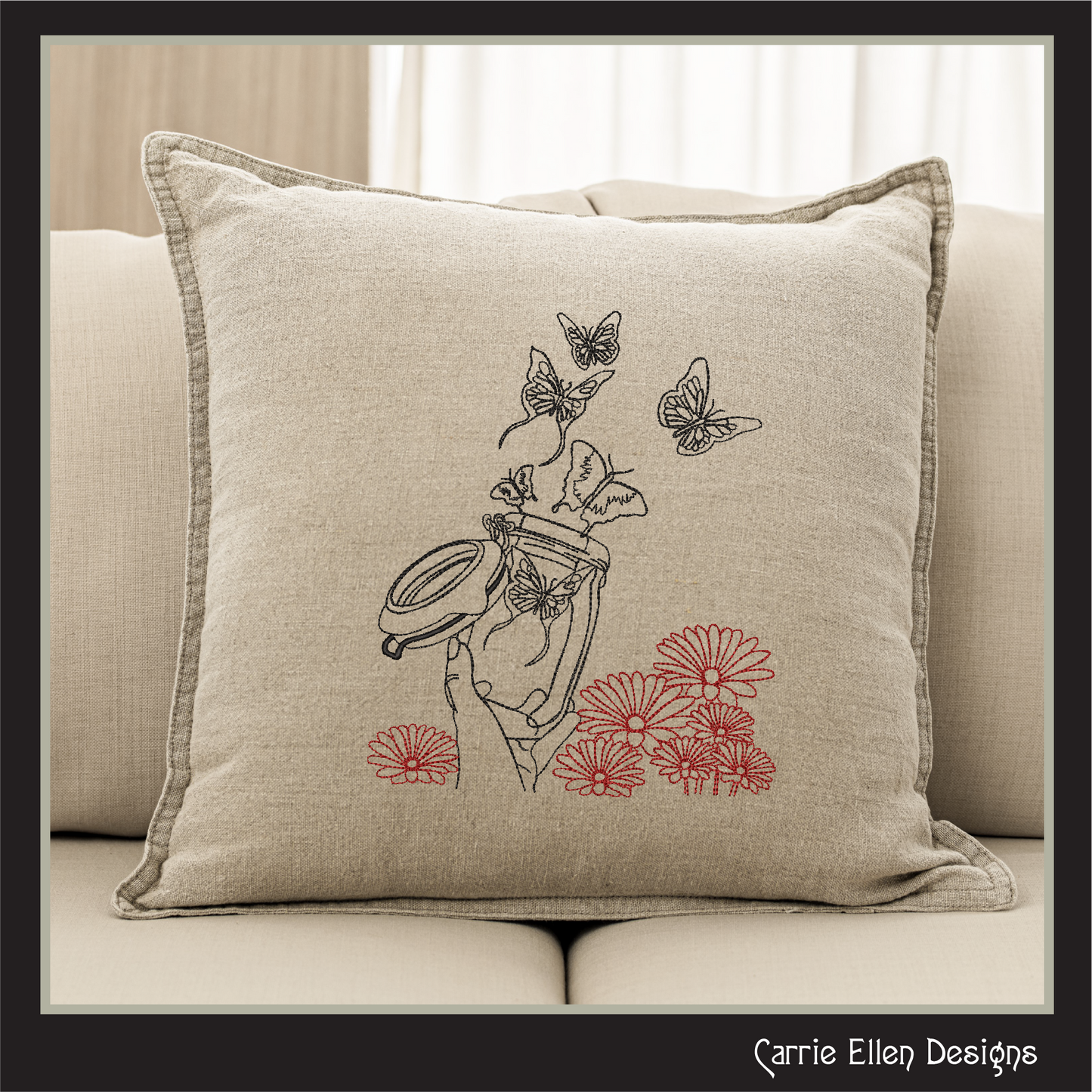 Mason Jar with Butterflies & Flowers – Whimsical Line Art Machine Embroidery Design | Garden Nature Theme, 6 Sizes (2849)