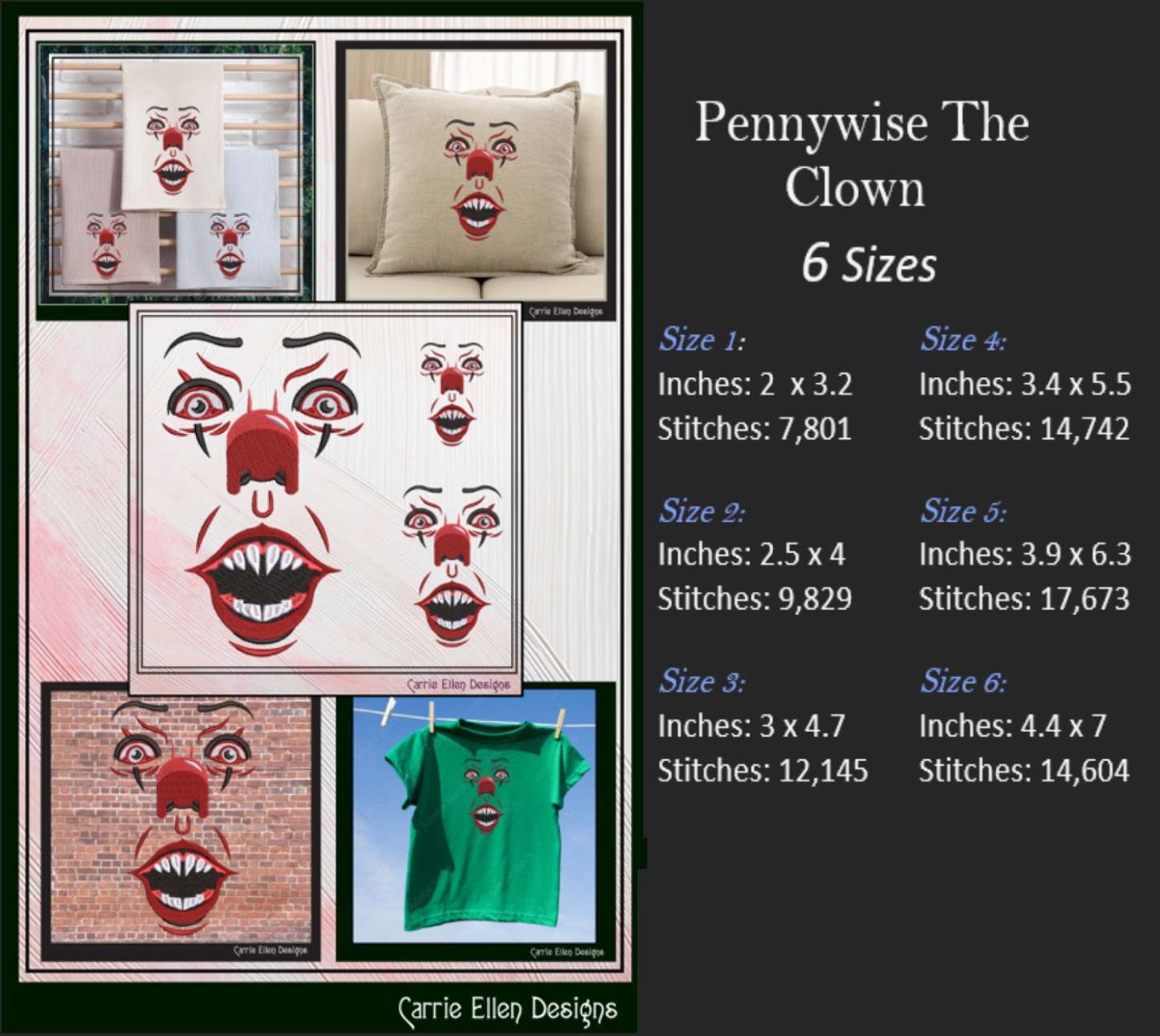 Creepy Clown Face Machine Embroidery Design | Pennywise Clown Embroidery Pattern | Halloween Face Stitch File, 6 Sizes (2858)