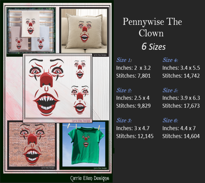 Creepy Clown Face Machine Embroidery Design | Pennywise Clown Embroidery Pattern | Halloween Face Stitch File, 6 Sizes (2858)