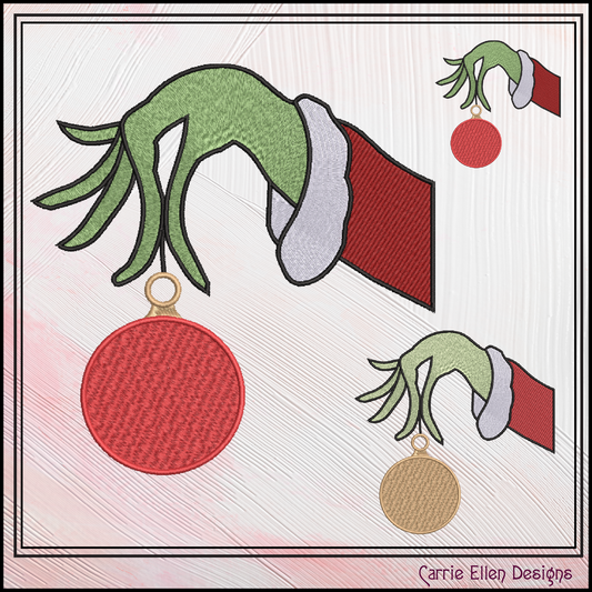 Christmas Grinch Machine Embroidery Design, Grinch Hand Dangling Christmas Ornament Pattern, Ball Cap, 6 Sizes (2867)