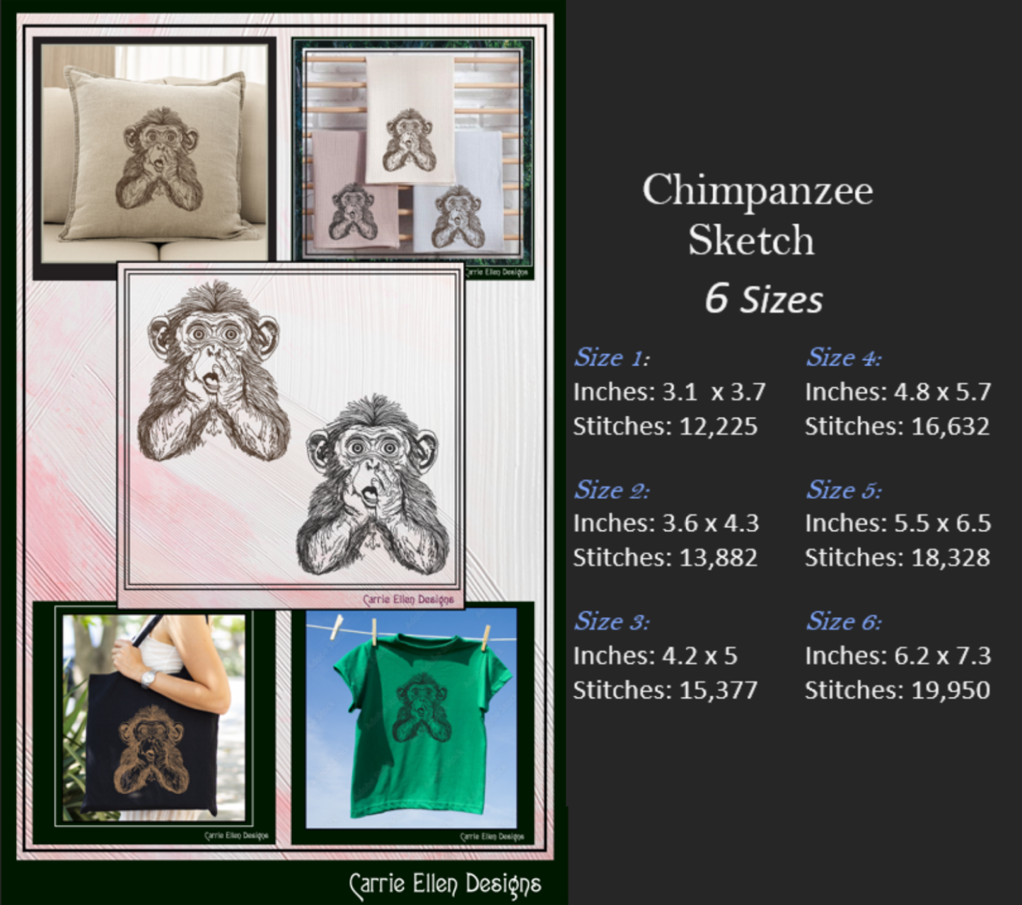 Chimpanzee Sketch Machine Embroidery Design | Realistic Monkey Embroidery Pattern | Wildlife Animal Sketch Stitch File, 6 Sizes (2868)