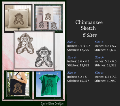 Chimpanzee Sketch Machine Embroidery Design | Realistic Monkey Embroidery Pattern | Wildlife Animal Sketch Stitch File, 6 Sizes (2868)