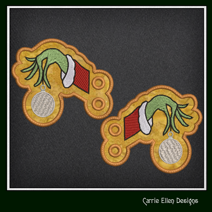 Christmas Grinch ITH Shoe Wings, Machine Embroidery Holiday Shoelace Charms, Grinch Dangling X-mas Ornament (2870)