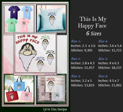 This Is My Happy Face Machine Embroidery Design | Funny Grumpy Dwarf Stitch File | Sarcastic Humor Embroidery, 6 Sizes (2871)