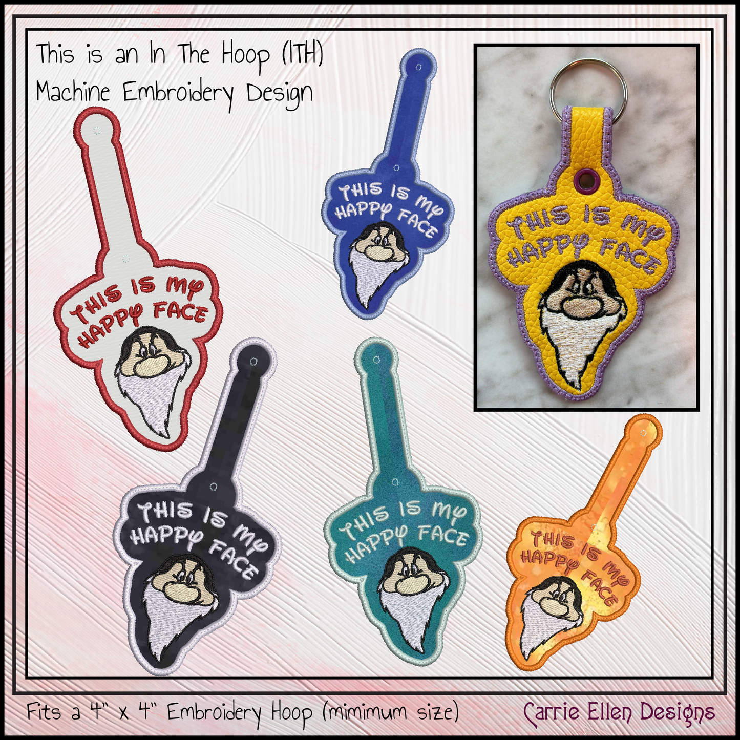 This Is My Happy Face ITH Key Fob Machine Embroidery Design | Funny Dwarf Keychain | In The Hoop Snap Tab | Adult Humor (2872)