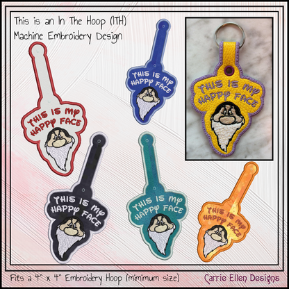 This Is My Happy Face ITH Key Fob Machine Embroidery Design | Funny Dwarf Keychain | In The Hoop Snap Tab | Adult Humor (2872)