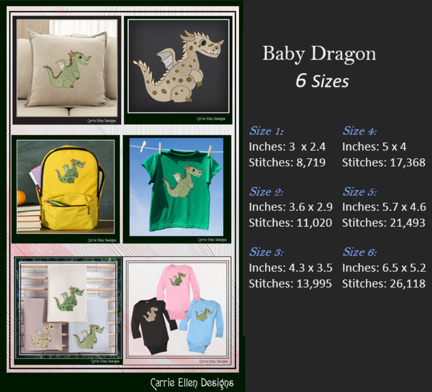 Cute Green Baby Dragon Machine Embroidery Design | Fantasy Dragon Stitch File | Whimsical Dragon Embroidery Pattern | Kawaii Magical Creature , 6 Sizes, (2887)