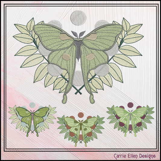 Luna Moth with Leaves – Botanical Machine Embroidery Design | Mystical Nature Insect Art, 6 Sizes (2889)