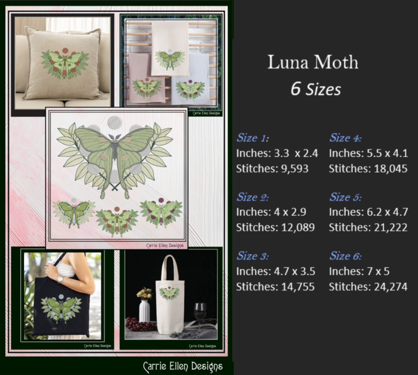 Luna Moth with Leaves – Botanical Machine Embroidery Design | Mystical Nature Insect Art, 6 Sizes (2889)